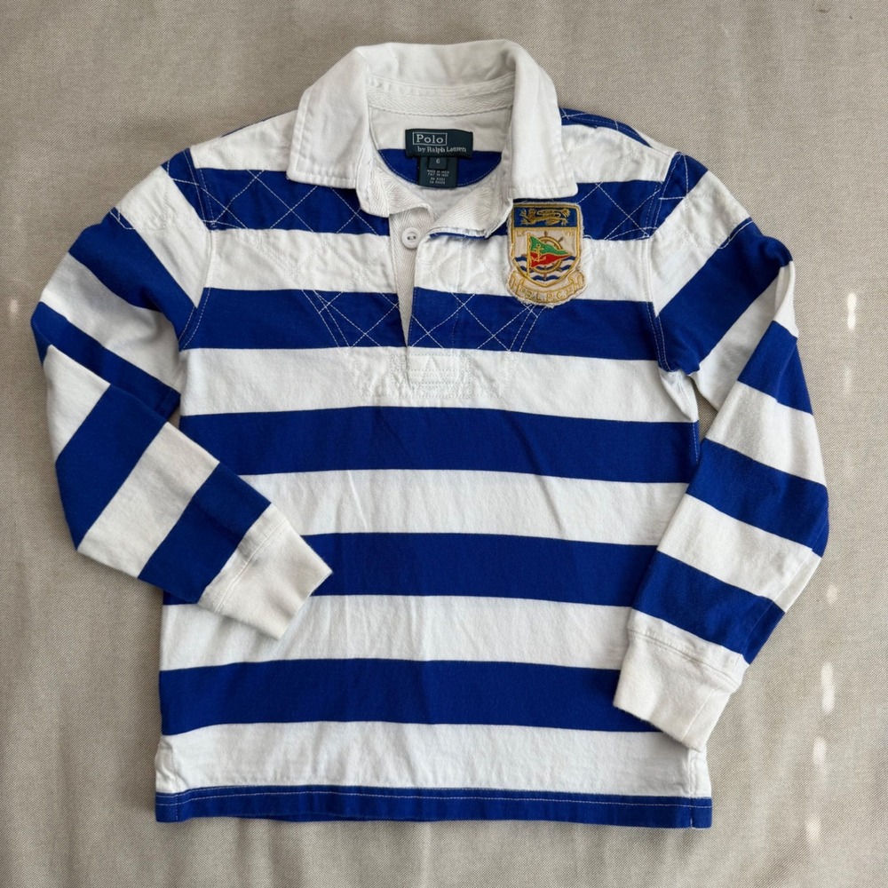 Vintage‎ Polo Ralph Lauren Blue White Striped Rugby Shirt Crest Boys Size 6